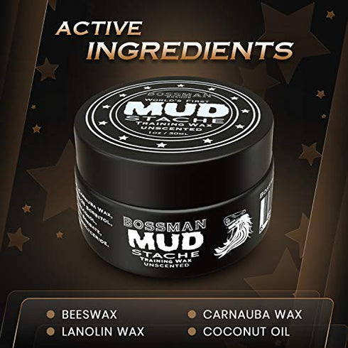 Bossman MUDstache Unscented Mustache Wax – No Pull - Spreads Easy for a Strong Non-Tacky 24 hr Hold - Tame, Train and Stye - Moustache Wax for Men (1oz)