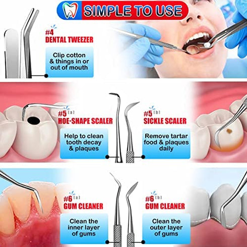 Dental Tools, Plaque Remover for Teeth, Professional Dental Hygiene Cleaning Kit, Stainless Steel Tooth Scraper Plaque Tartar Remover Cleaner, Dental Pick Scaler Oral Care Tools Set - with Case