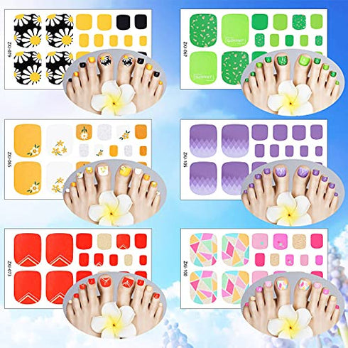 352 Pieces 16 Sheets Full Toe Nail Wraps Toenail Polish Stickers Adhesive Toe Nail Wraps DIY Glitter Toe Nails Manicure Decals with 2 Pieces Nail Files for Women and Girls (Fresh Style)