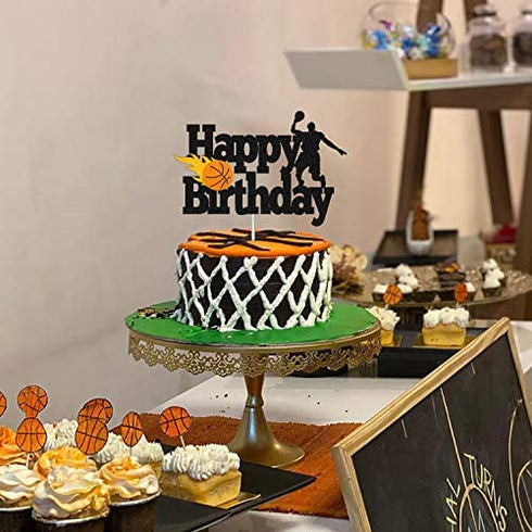 Basketball Cake Topper Happy Birthday Sign Basketball Player Scene Themed for Man Boy Birthday Party Supplies Double Sided Black Sparkle Decorations