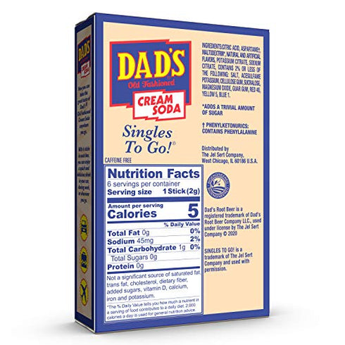 Dad's Old Fashioned Cream Soda Singles To Go Sugar Free Powder Drink Mix 6 Sticks Per Box, 12 Boxes (72 Total Sticks)