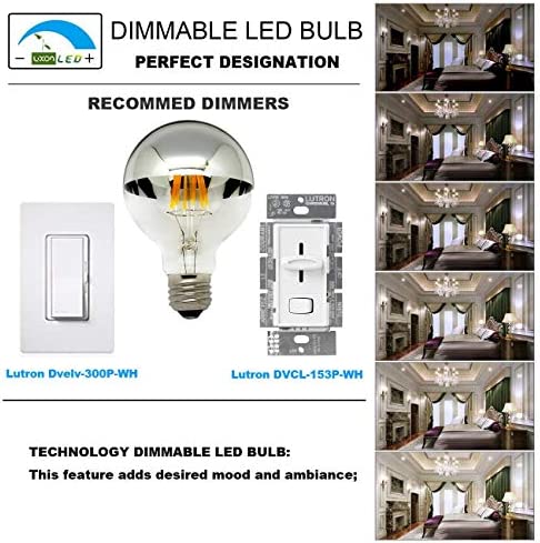LUXON Half Chrome Light Dimmable,LED Filament Vintage Bulb with Mirror 6W (60W Equivalent) G80/G25 E26 Medium Base Warm White 2700K, 2 Pack