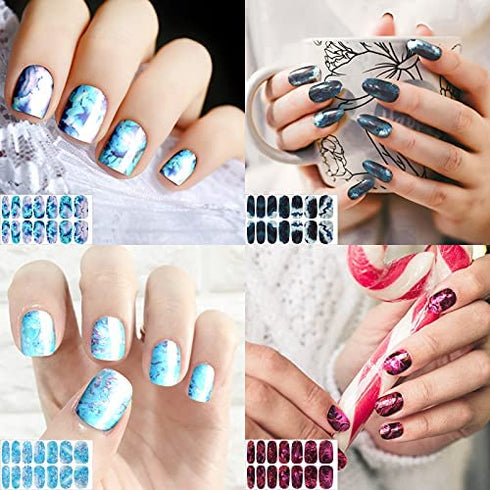 168 Pieces 12 Sheets Full Wrap Nail Polish Stickers Self Adhesive Glitter Gradient Marble Color Street Nail Decal Strips with Glass Nail File for Women Girls DIY Nail Craft (Abstract Style)