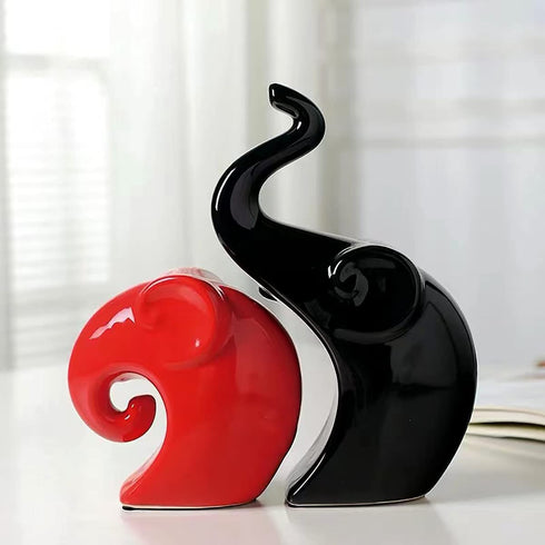 2 Pieces Ceramic Elephant Decor Figurine Elephant Statues for Home Decor Bookshelf Living Room Office Desk Elephants Statue Sculpture Decoration Accents (Red Black Elephant)