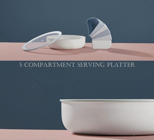 Kingrol 11 Inch Plastic Candy and Nut Serving Container, Divided Serving Tray with Clear Airtight Lid, 5 Compartment Serving Platter for Snack, Nut, Fruit, Veggie, Taco
