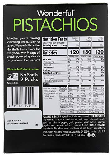 Wonderful Pistachios , No Shell Nuts, Variety Pack (4 bags of Roasted & Salted, 3 bags of Chili Roasted, and 2 bags of Honey Roasted), 9 Count
