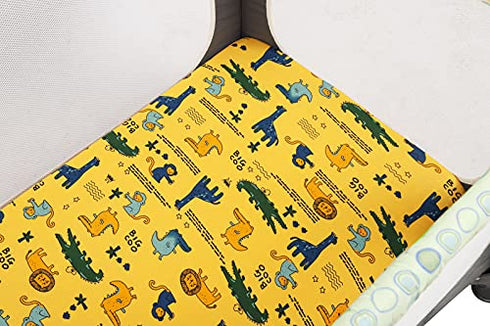Tontukatu Pack n Play Stretchy Fitted Playard Sheet Set 2 Pack Jersey Knit Ultra Soft Baby Boy Girl Portable Mini Crib Sheets,Convertible Playard Mattress Cover,Penguin Crocodile Monkey Blue Yellow