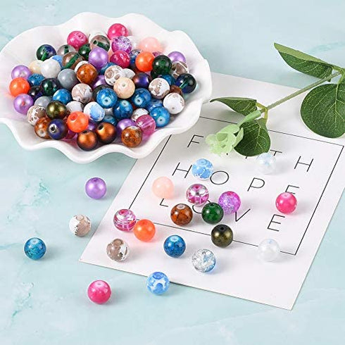 KISSITTY 200-Piece Mixed Painted Marble Design Glass Round Beads 10mm with 1.5mm Hole for DIY Jewelry Craft Making