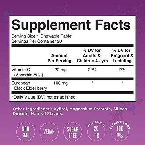 Elderberry + Vitamin C Chewable Tablets by MaryRuth's | Up to 3 Month Supply | Black Elderberry for Immune Support | Sambucus Black Elderberry for Overall Health | Gluten Free | Non-GMO | 90 Servings