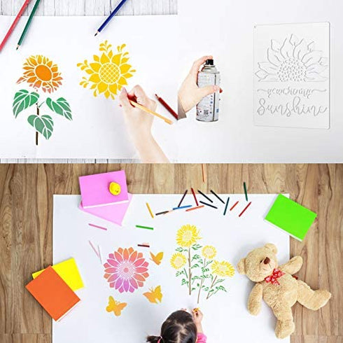 6 Pieces Sunflower Stencil Kit You are My Sunshine Stencil Butterfly Sunflower Reusable Mylar Template Stencils with Metal Open Ring for Painting on Wood Wall Home Decor