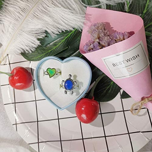 Viseaga Childrens Mood Ring Jewelry,Kids Adjustable Mood Ring Set,2 Pcs Turtle & Heart Color Changing Child Mood Ring Adjustable Mood Rings for Girls