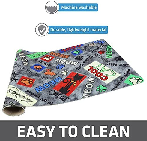 Drymate Cat Bowl Placemat, Pet Food Feeding Mat - Absorbent Fabric, Waterproof Backing, Slip-Resistant - Machine Washable/Durable (USA Made) (12” x 20”) (Cool Cat Grey)