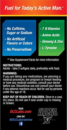 SUPER MACHO, High Potency B Vitamins and Amino Acids, Fuel for Today´s Active Men, No Caffeine, No Sugar, Dietary Supplement, 50 Soft gels, Jar.