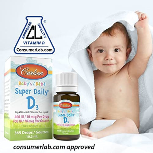 Carlson - Baby's Super Daily D3, Baby Vitamin D Drops, 400 IU (10 mcg) per Drop, 1-Year Supply, Vegetarian, Liquid Vitamin D Drops for Infants and Toddlers, Unflavored, 365 Drops
