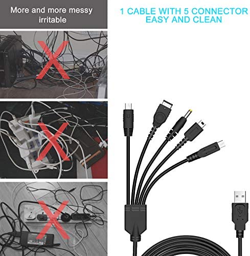 5 in 1 USB Charger Cable Cord for Nintendo NDS Lite/Wii U/New 3DS(XL/LL),3DS(XL/LL),2DS,DSi(XL/LL),NDS/GBA SP(Gameboy Advance sp),PSP 1000 2000 3000