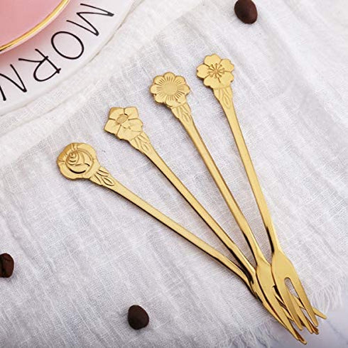 8Pcs 4.9 Inch Flower Stainless Steel Friut Forks Small Pickle Forks Dessert Cake Forks Salad Bistro Cocktail Fork Two Prong Dinner Appetizer Fork For Banquet Party Seafood Cocktail (Gold)