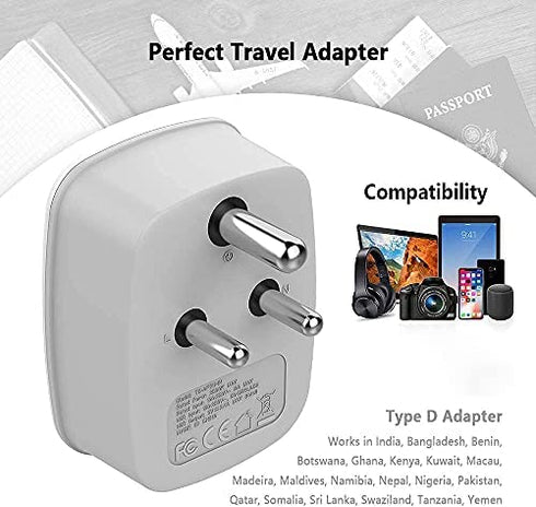 US to India Power Adapter, TESSAN International Grounded Travel Plug Adapter with 2 USB &1 American Sockets Outlet Charger, Type D Adaptor for Bangladesh Maldives Nepal Pakistan