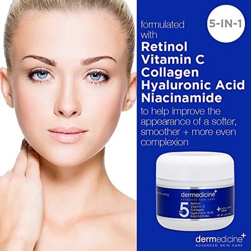 5 in 1 Retinol, Vitamin C, Collagen, Hyaluronic Acid and Niacinamide | Potent Face Cream which May Help Improve Appearance of Fine Lines and Wrinkles and Reduce Appearance of Dark Spots | 2 oz / 60ml