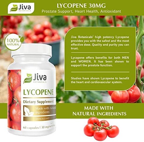 Jiva Botanicals - Lycopene Supplement 30 mg Capsules-Made with Tomato Fruit Extract - Higher Dosage Than Lycopene 20mg and Lycopene 10mg -Support Prostate Health and Heart Function-60 Vegan Capsules