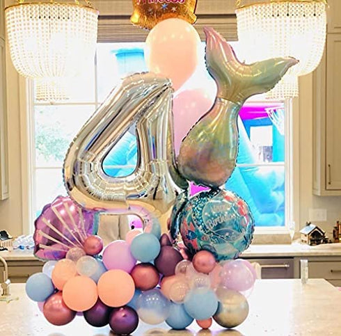 7pcs Mermaid Balloons Number Balloons for 1st 2nd 3rd Birthday Party Girls' Mermaid Tail Decoration Supplies (number 4)