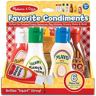 Melissa & Doug 5-Piece Favorite Condiments Play Food Set - Play Ketchup and Mustard Bottles, Pretend Play Food Set For Kids Ages 3+