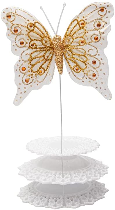 Set of 12 Glitter Monarch Feather Butterflies on Wire for Floral Arrangements and DIY Decorations (Gold)