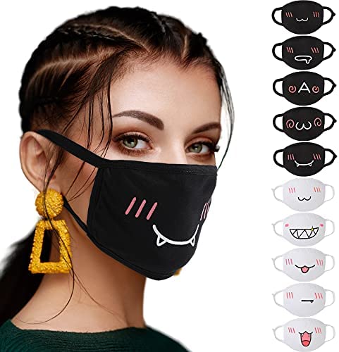 10 Pieces Kawaii Mask Anime Face Mouth Mask Cute Mouth Covering Reusable Washable Mouth Mask for Women Girls Kids, Black and White