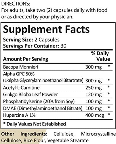 Memormax Brain Supplement for Memory, Focus & Mental Clarity with Ginkgo Biloba, Bacopa, Alpha GPC, DMAE, Phosphatidylserine, L Carnitine, Huperzine A; 60 Caps
