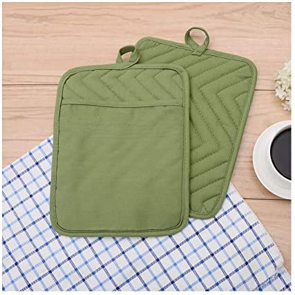 Anyi Pot Holders for Kitchen Heat Resistant, Cotton Hot Pads for Kitchen Counter Table, Green Kitchen Pot Holders with Pocket