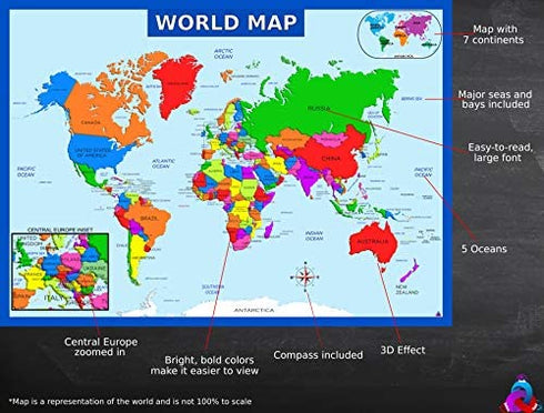 World Map Poster and USA Map with Extra Features - Laminated Educational Poster (14x19.5 in) – Maps for Kids, Classroom Decorations, Preschool and Elementary Learning, Teacher Supplies