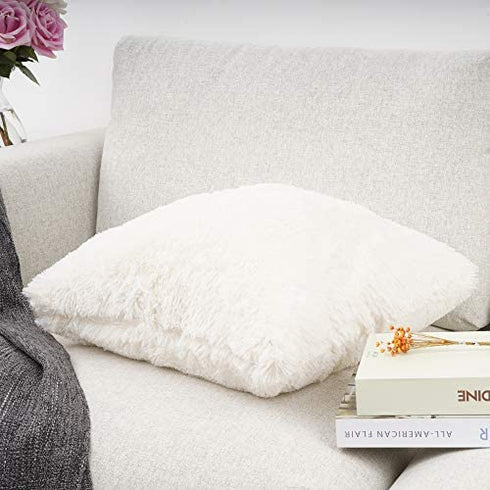 YOUR SMILE Pack of 2, Decorative Plush New Luxury Series Merino Style Faux Fur Throw Pillow Case Cushion Cover 18" x 18"(Ivory,White)