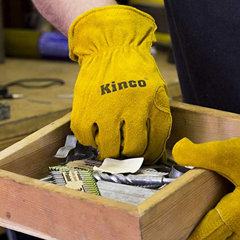 Kinco - Unlined Suede Cowhide Leather Work Gloves, Heavy Duty Reinforced Palm, Extremely Durable, Easy-On Cuff, Fitted Elastic Wrist, (Style No. 97)