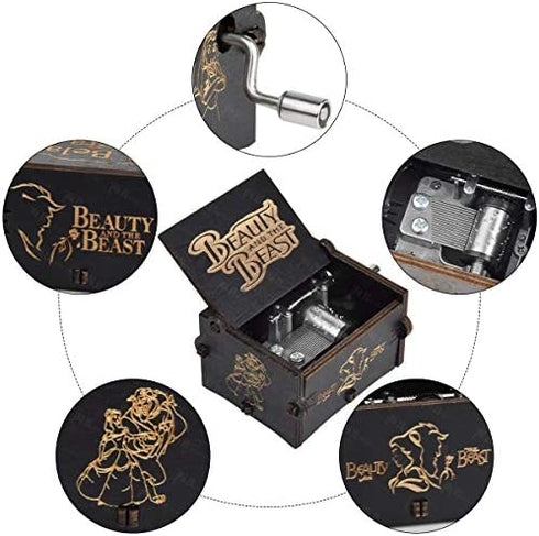 Fezlens Beauty and the Beast Box Music, Wood Hand Crank Laser Engraved Vintage Beauty Musical Box Gifts for Birthday/Christmas/Valentine's Day to Your Lover