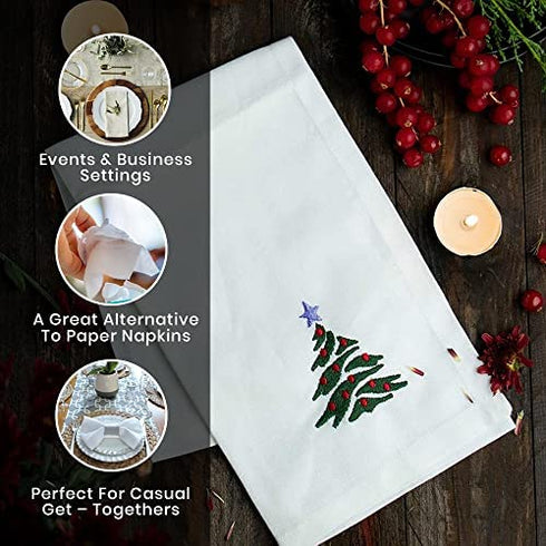 Candy Cottons Christmas Napkins Cloth Napkins,100% Cotton White Napkins - Soft & Comfortable, Reusable Napkins, Perfect Table Napkins, Cocktail Napkins, Christmas Tree Embroidered, 6 Pack (18”X18”)