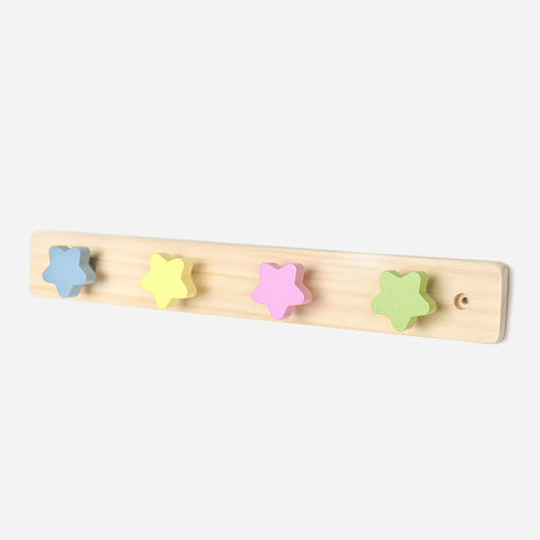 WonderBee Wooden Coat Hanger Rack Wall Mounted 14" - Natural Pine Wood, 4 Star Shaped Pegs, Rounded Corners, Predrilled Mounting Holes for Easy Install. Decorative For Kid's Bedroom, Bath, Living Room