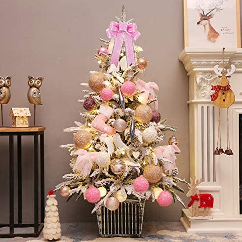 Beurio Pink Glitter Christmas Ribbon Bows Gifts Wreaths Wedding Party Decorations Hanging Ornaments, 6 pcs