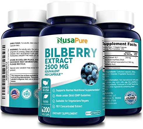 Bilberry Extract 2500mg 200 Vegetarian caps (Non-GMO & Gluten Free)