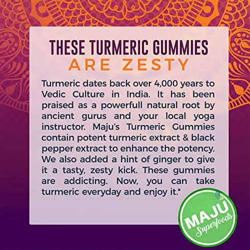 MAJU Turmeric Curcumin Gummies 60ct, Zingy Ginger Taste, Black Pepper Extract for Enhanced Absorption and Potency, Use for Joints, Inflammation & Pain Support, Tumeric Gummies for Adults and Kids