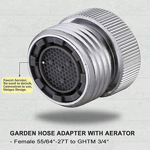 Brass Garden Hose Adapter with Aerator, Kitchen Sink Faucet Adapter to Garden Hose for Female 55/64-Inch to Male 3/4-Inch, Polished Chrome