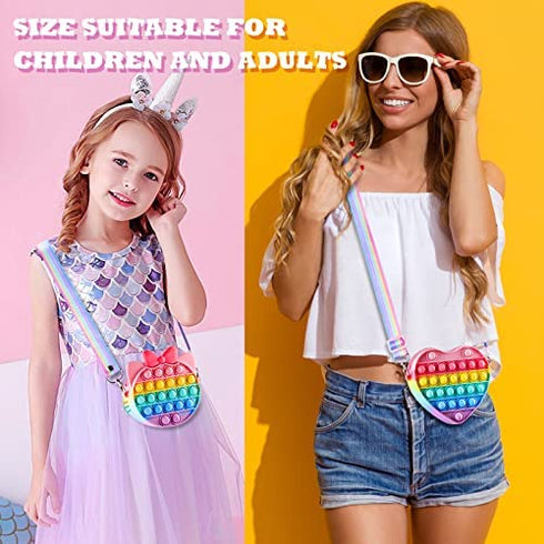 OUMEE 2 Pack Pop Purse Bag Fidget Toys for Girls, Easter Gift Rainbow Pop Fidgets Shoulder Bag Crossbody, Silicone Push Bubble Popper Backpack Easter Decoration Pop Toy for Stress Relief (Cat&Heart)