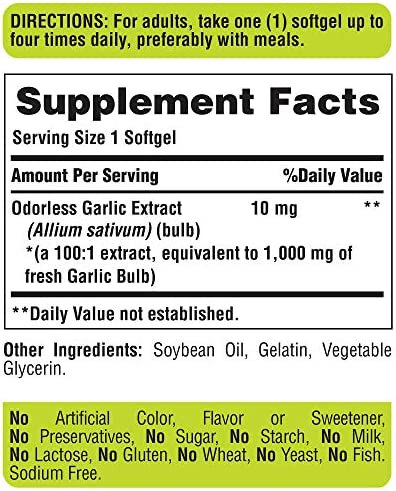 Puritan's Pride Odorless Garlic 1000 Mg, 500 Total Count (2 Pack of 250 Count Softgels), by Puritan's Pride, 250 Count (Pack of 2)