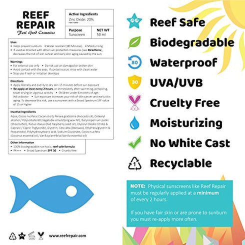 Reef Safe Sunscreen SPF 30+ (2 Pack) - All Natural, Travel Size, Water Resistant, Moisturizing, Biodegradable, Broad Spectrum UVA/UVB, Coral Friendly Mineral Sunblock from Reef Repair (2 x 1.7 fl.Oz)