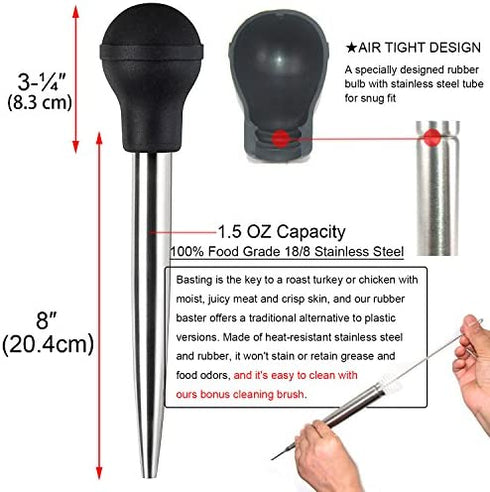 KAYCROWN Stainless Steel Turkey Baster Commercial Grade Quality Rubber Bulb Including 2 Marinade Injector Needles and Brush for Easy Clean Up