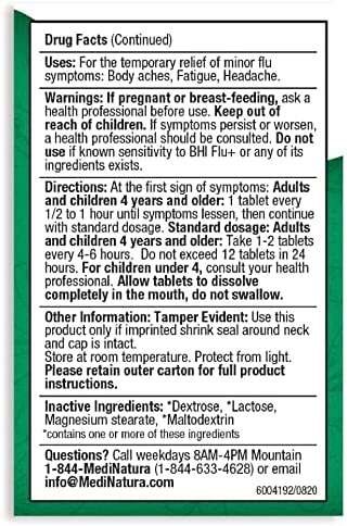 BHI Flu + Cold Multi-Symptom Relief Natural Safe Non-Drowsy Remedy 11 Targeted Homeopathic Active Ingredients for Body Aches, Fatigue, Chills & Headache - 100 Tablets