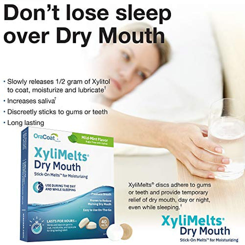 OraCoat XyliMelts Dry Mouth Relief Moisturizing Oral Adhering Discs Mild Mint with Xylitol, for Dry Mouth, Stimulates Saliva, Non-Acidic, Day and Night Use, Time Release for up to 8 Hours, 40 Count