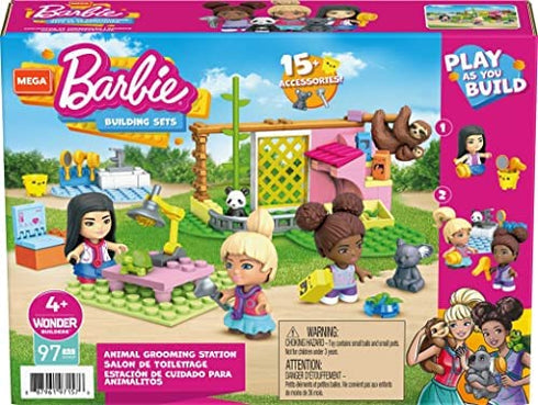 Mega Barbie Animal Grooming Station Building Set, 97 Bricks and Pieces with Fashion and Roleplay Accessories, 3 Micro-Dolls, 1 Panda, 1 Koala, 1 Turtle and 2 Sloths, Toy Gift Set for Ages 5 and up