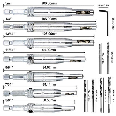 21 pcs Center Drill Bit Set, AFUNTA Self Centering Hinge Tapper Core Hole Puncher 5/64'' 7/64'' 9/64'' 11/64'' 13/64'' 5mm 1/4'' & 1 Pcs Hex Key & 10 Pcs Replacement Drill Bits