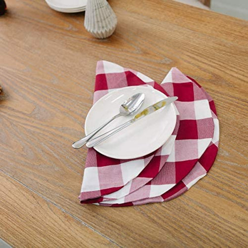 Burgundy Red & White Cotton Buffalo Check Round Placemat, Set of 4, 15 Inch eco-Friendly Fabric Handcrafted Machine Washable Indoor & Outdoor Tablemat