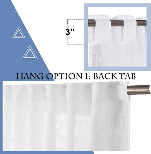 PONY DANCE Short Window Curtains - Linen Look Semi Sheer White Voile Valance Casual Back Tab Drapes for Small Bathroom Basement, 52 Wide x 36 Long, 2 Panels