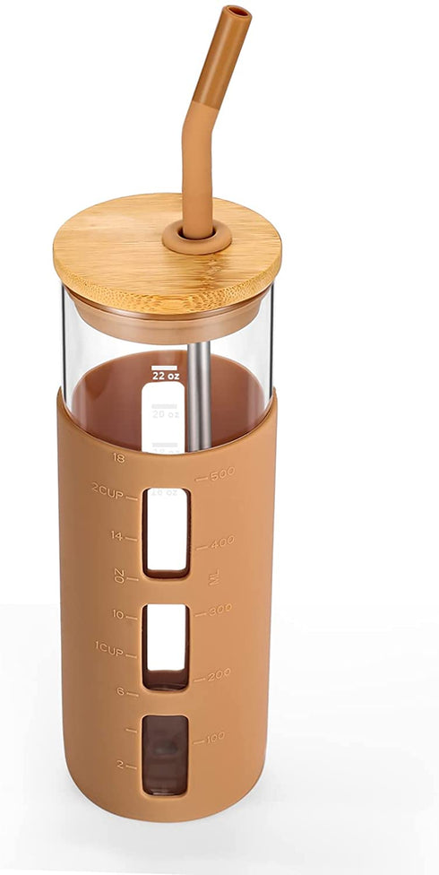 tronco Glass Tumbler with Bamboo Lid and Straw,24OZ Reusable Iced Coffee Cup,Smoothie Cups,Glass Travel Water Bottle,See Through Silicone Sleeve With Measurement,Dishwasfer Safe,Spill Proof